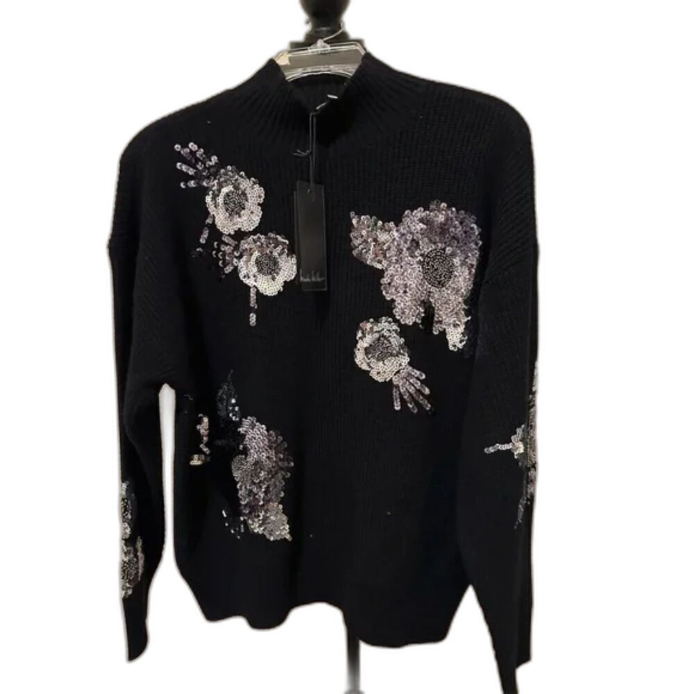 Womens Nicole Miller Long Sleeve Silver Sequin Floral Sweater NEW  size large